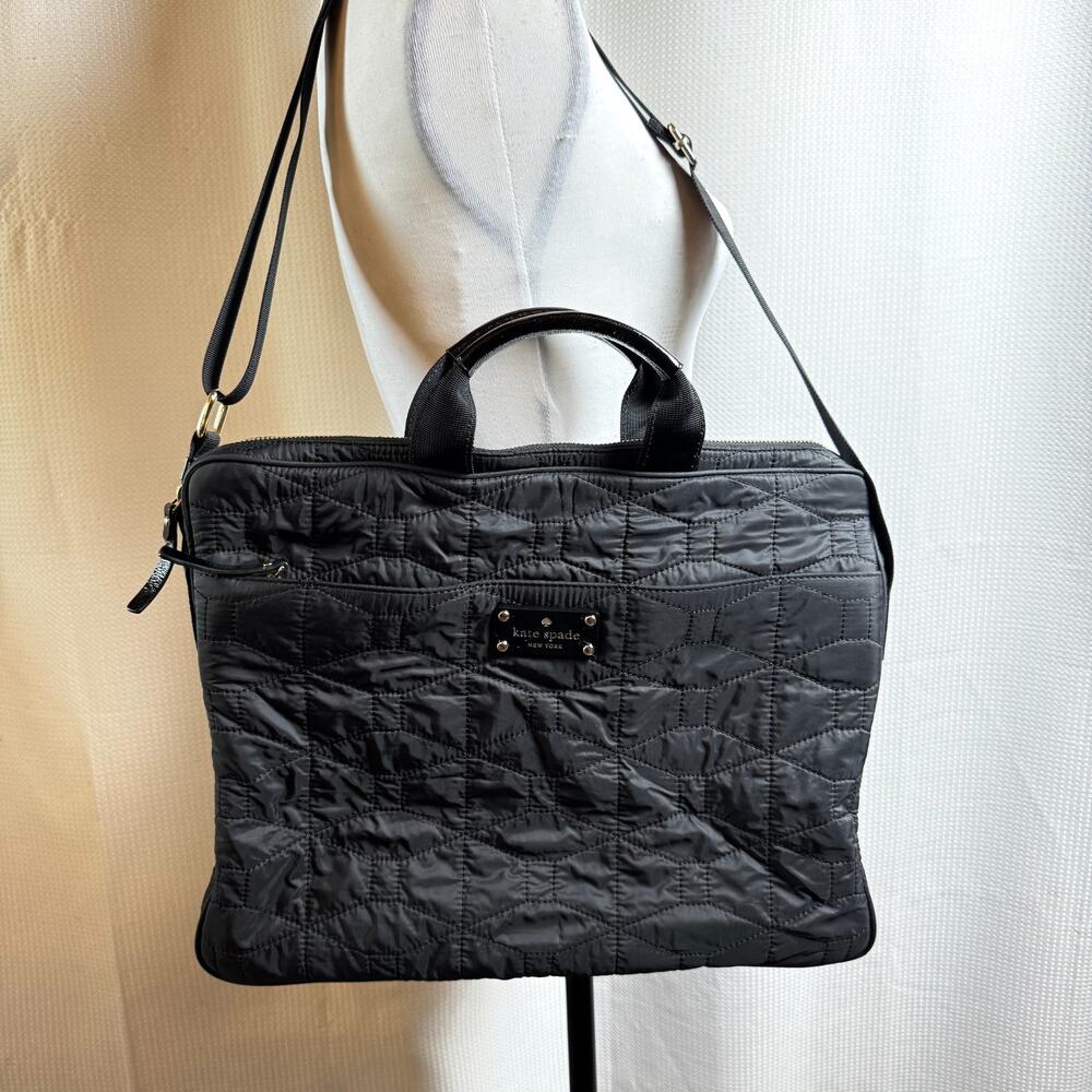 Kate Spade Black Quilted Nylon Tote Laptop Bag Shoulder Strap PXRU3701 in EUC